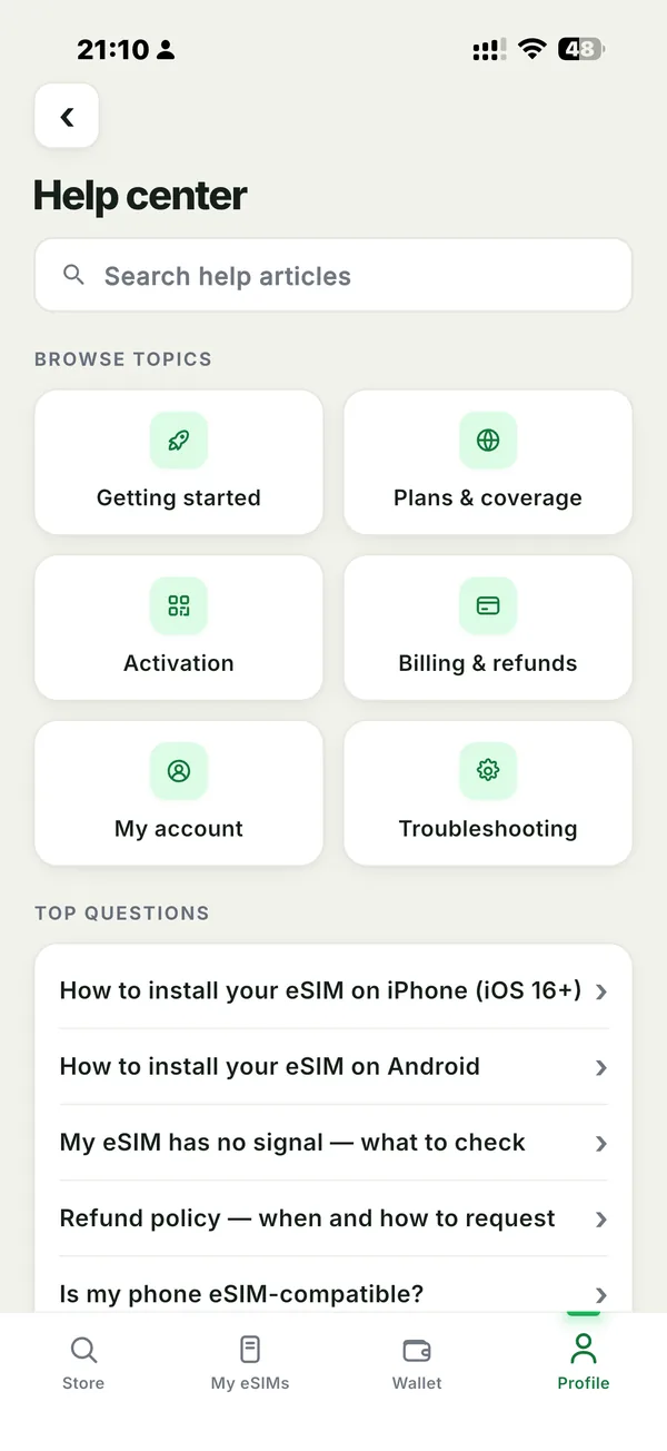 The in-app help center: article search, topics and top questions.