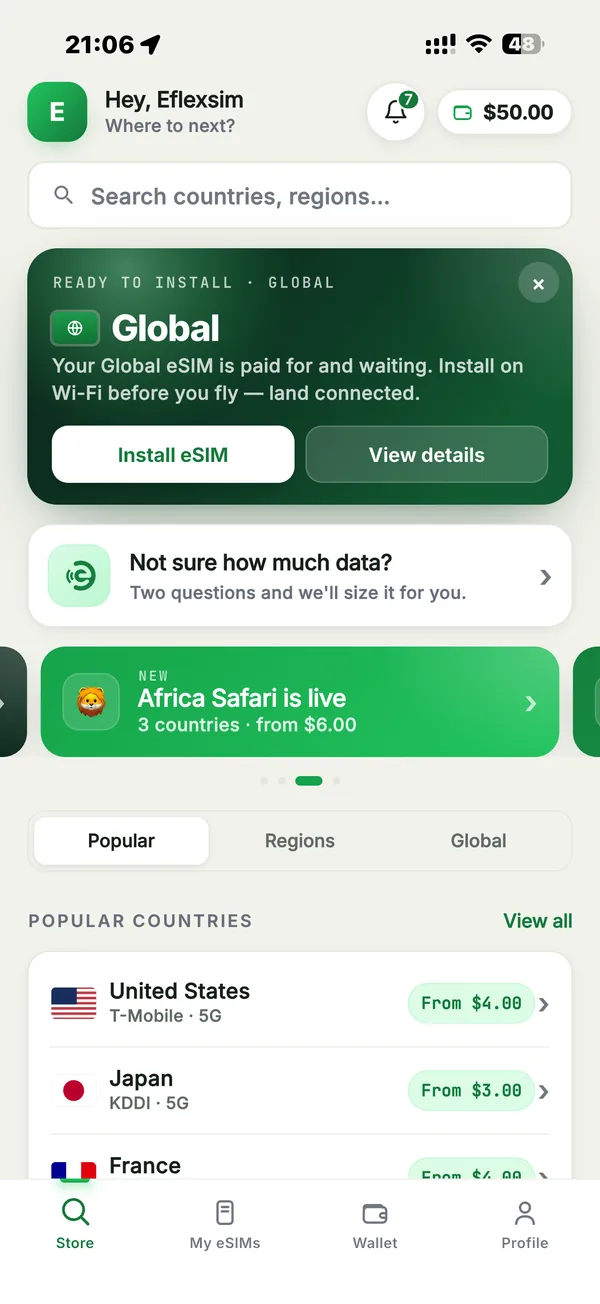The eFlexSim app home screen: destination search, a ready-to-install eSIM and popular countries.