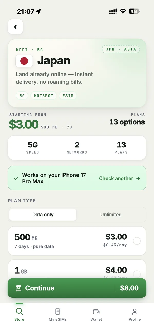 The Japan plan page in the eFlexSim app: plans from $3.00, a check that the phone is eSIM-compatible, and data-only or unlimited plan types.