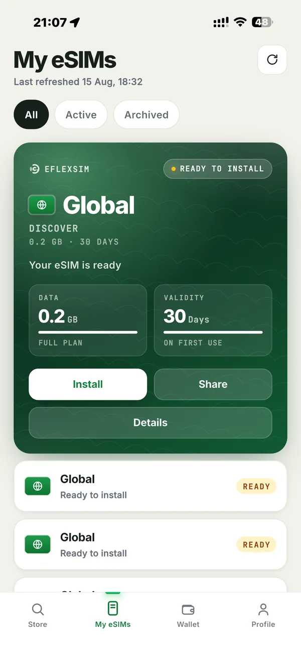 The My eSIMs screen showing data and days left.