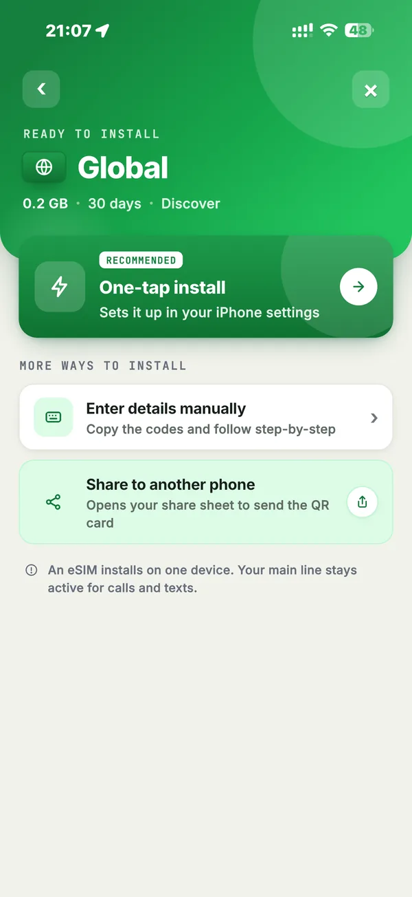 The install screen: a recommended one-tap install, plus entering details manually or sharing to another phone.