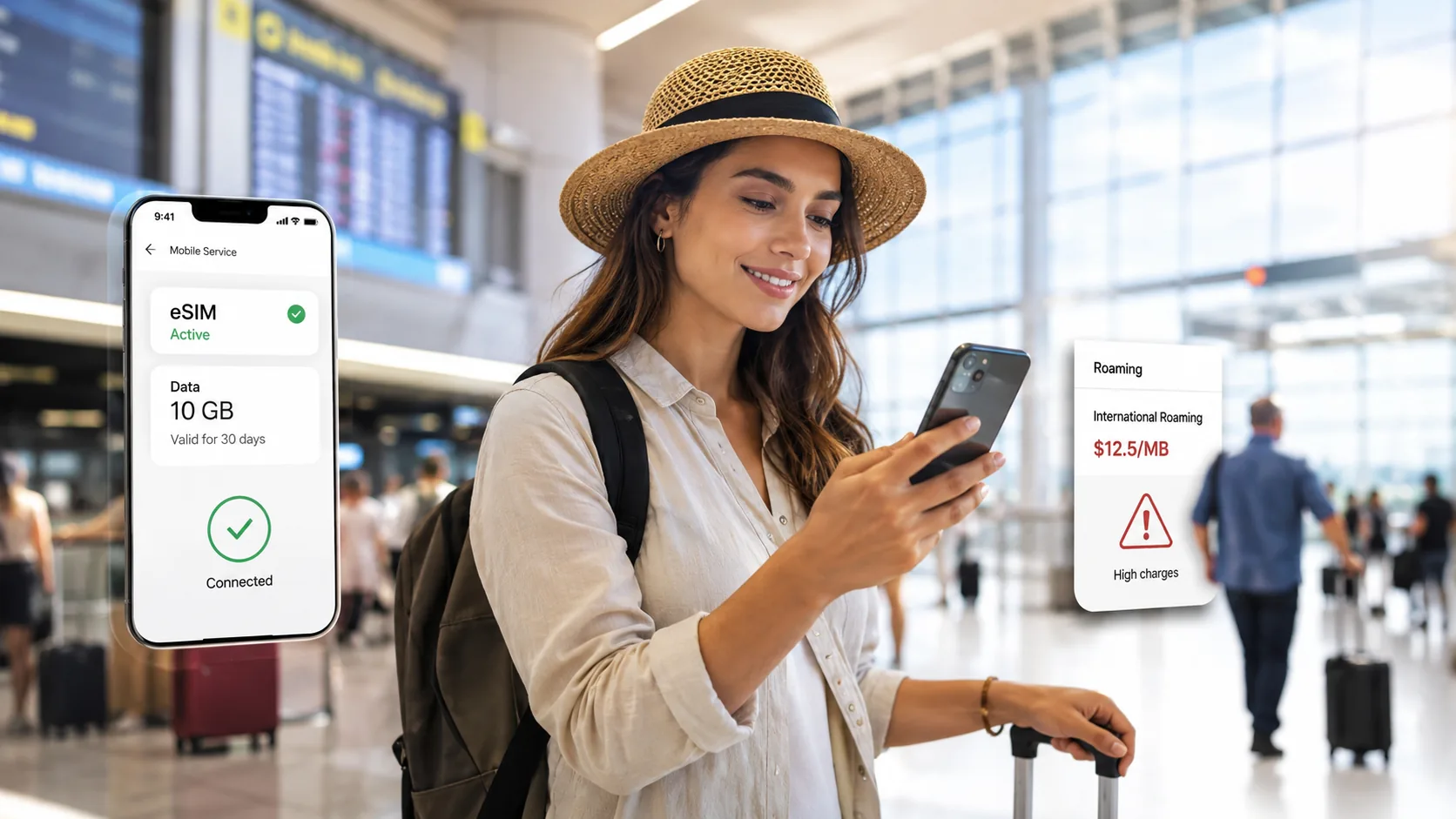 A traveler arriving at an airport, deciding between roaming and a travel eSIM.